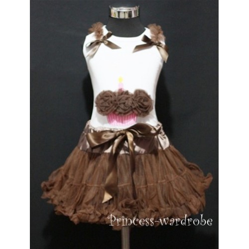 Brown Pettiskirt With White Birthday Cake Tank Top with Brown Rosettes & Brown Ruffles&Bow MC02 