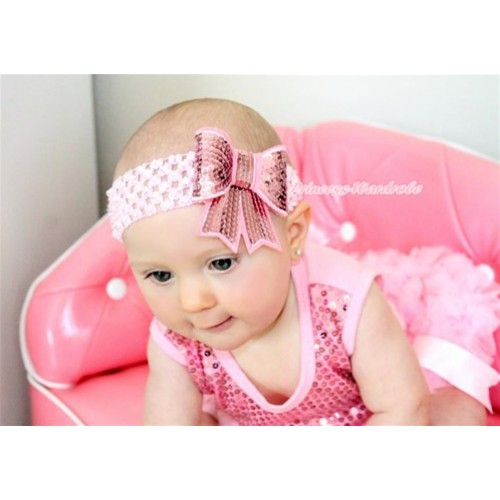 Light Pink Headband With Light Pink Sparkle Sequins Bow Hair Clip H835 