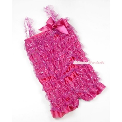 Sparkle Hot Pink Lace Ruffles Petti Rompers with Straps with Hot Pink Bow LR162 