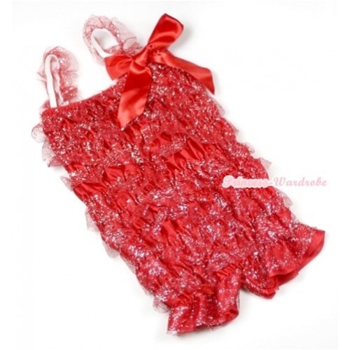 Sparkle Hot Red Lace Ruffles Petti Rompers with Straps with Hot Red Bow LR163 
