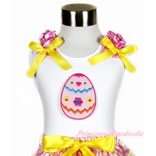 Easter White Tank Top With Hot Pink White Dots Ruffles & Yellow Bow With Easter Egg Print TB746 