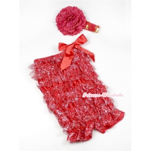 Sparkle Hot Red Lace Ruffles Romper with Hot Red Bows with Red Sequin Headband Red Peony Set RH119 