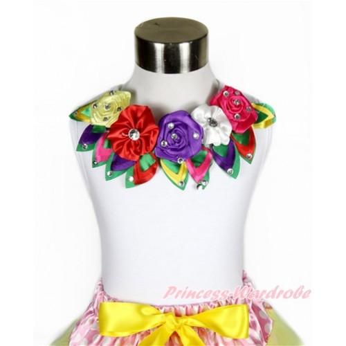 White Tank Top With Rainbow Satin Rosettes & Leaves Lacing TB748 