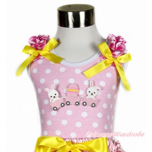 Light Pink White Dots Tank Top With Hot Pink White Dots Ruffles & Yellow Bow With Bunny Rabbit Egg Print TP212 