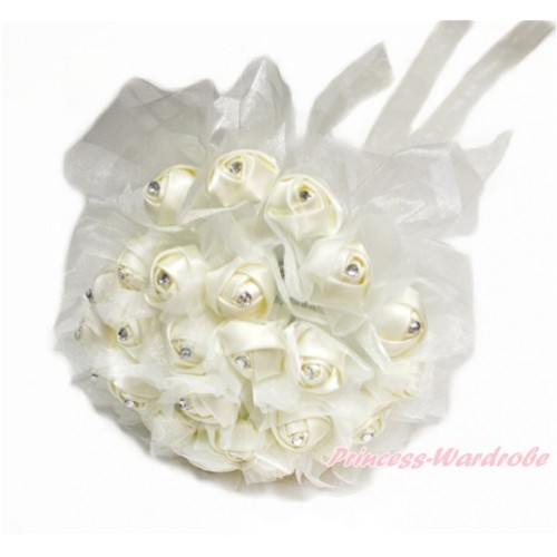 Cream White Sparkle Crystal Bling Rhinestone Wedding Girl Satin Bridal Bouquet C231 