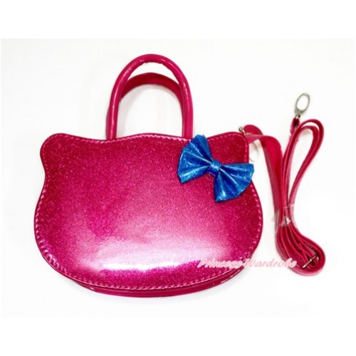 Royal Blue Bow with Sparkle Hot Pink Kitty Shaped Cute Handbag Petti Bag Purse With Strap CB154 