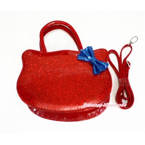 Royal Blue Bow with Sparkle Red Kitty Shaped Cute Handbag Petti Bag Purse With Strap CB155 