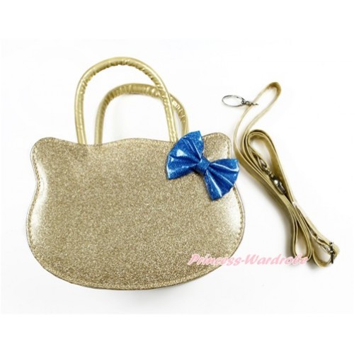 Royal Blue Bow with Sparkle Goldenrod Kitty Shaped Cute Handbag Petti Bag Purse With Strap CB156 