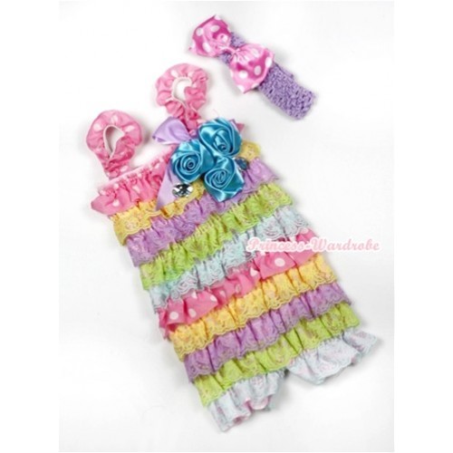 Rainbow Light Pink White Dots Lace Ruffles Rompers With Straps With Big Bow & Bunch Of Light Blue Satin Rosettes& Crystal,With Lavender Headband Light Pink White Dots Satin Bow RH134 