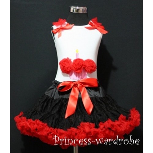 Black Red Pettiskirt With White Birthday Cake Tank Top with Red Rosettes &Red Ruffles&Bow MC08 