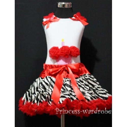 Red Zebra Pettiskirt With White Birthday Cake Tank Top with Red Rosettes &Red Ruffles&Bow MC12 