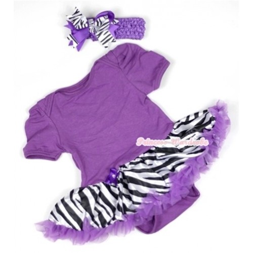 Dark Purple Baby Jumpsuit Dark Purple Zebra Pettiskirt With Dark Purple Headband Dark Purple Zebra Screwed Ribbon Bow JS566 