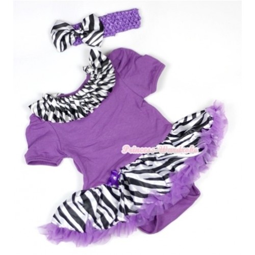 Dark Purple Baby Jumpsuit Dark Purple Zebra Pettiskirt With Zebra Satin Lacing With Dark Purple Headband Zebra Satin Bow JS577 