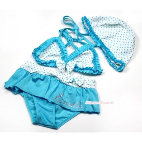 White Peacock Blue Small Heart Bikini Swimming Suit with Cap SW64 