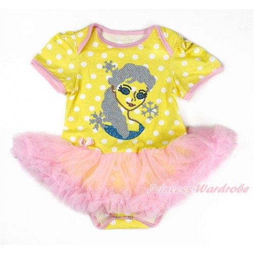 Yellow White Dots Baby Bodysuit Jumpsuit Light Pink Pettiskirt with Sparkle Crystal Bling Rhinestone Princess Elsa Print JS3296 