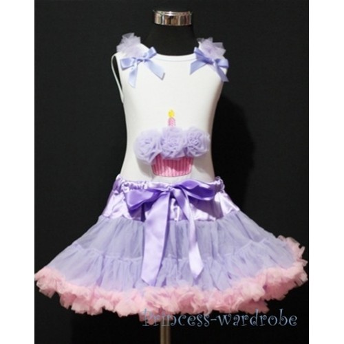 Lavender Pink Pettiskirt With White Birthday Cake Tank Top with Lavender Rosettes & Lavender Ruffles&Bow MC14 