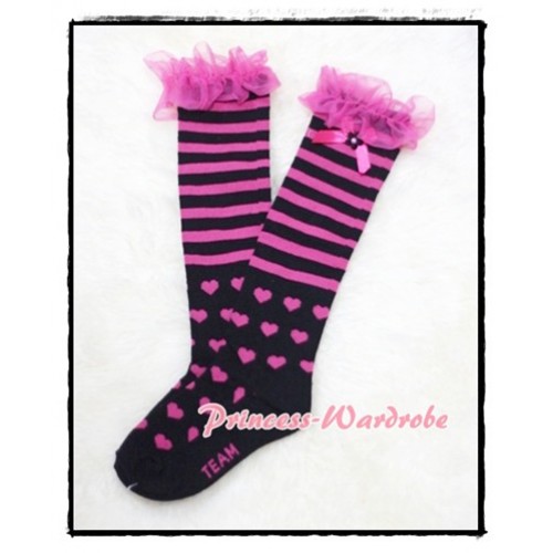 Hot Pink Stripes & Heart Black Cotton Stocking with Ruffles SK45 