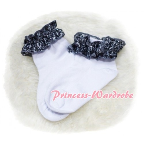 Plain Style Pure White Socks with Silver Grey Snakeskin Ruffles H214 