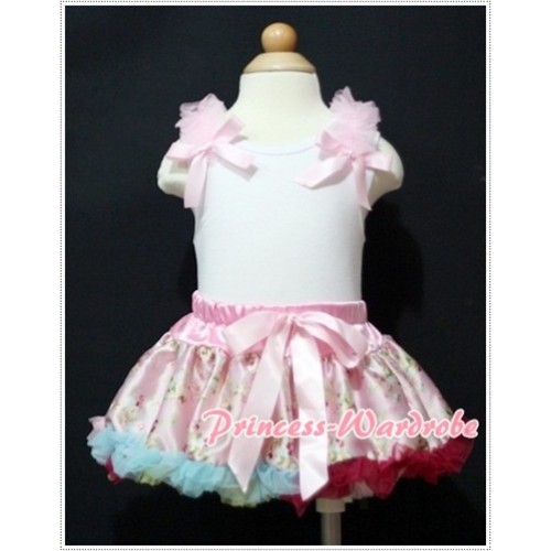 White Baby Pettitop & Light Pink Ruffles & Light Pink Bow with Light Pink Floral Baby Pettiskirt NG362 