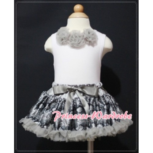 White Baby Pettitop & Grey Rosettes with Silver Grey Snakeskin Baby Pettiskirt NG364 