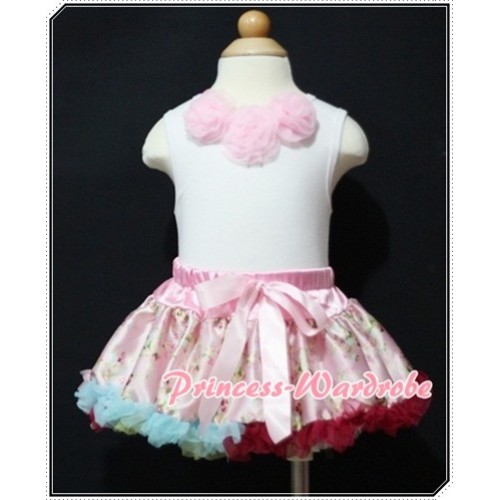 White Baby Pettitop & Light Pink Rosettes with Light Pink Floral Baby Pettiskirt NG365 