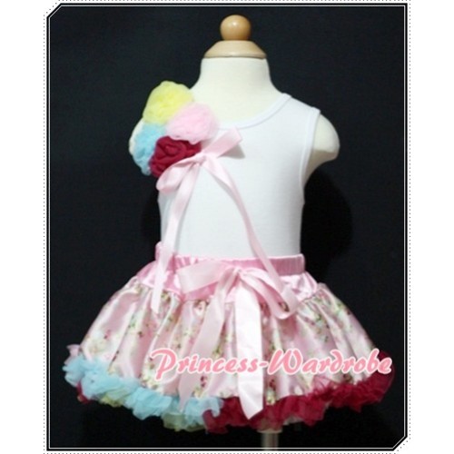 White Baby Pettitop & Bunch of Yellow Blue Pink Wine Red Rosettes with Light Pink Floral Baby Pettiskirt NG366 