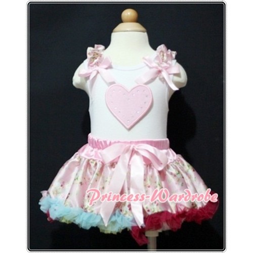 White Baby Pettitop & Light Pink Heart & Light Pink Floral Ruffles & Light Pink Bows with Light Pink Floral Baby Pettiskirt NG367 