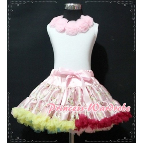 White Tank Tops with Light Pink Rosettes & Light Pink Floral Pettiskirt MG57 