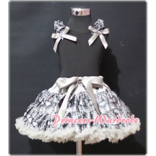 Silver Grey Snakeskin Pettiskirt with Grey Snakeskin Ruffles and Grey Bows Black Tank Top MW72 