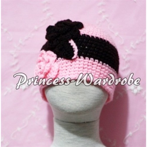 Sweety Style Black Pink Flower Light Pink Crochet Beanie Hat HA37 