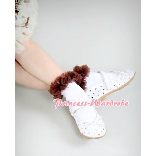 Plain Style Pure White Socks with Brown Ruffles and Bow SK60 