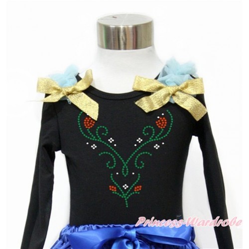 Black Long Sleeves Top With Light Blue Ruffles & Sparkle Goldenrod Bow with Sparkle Crystal Bling Rhinestone Princess Anna Print TO355 