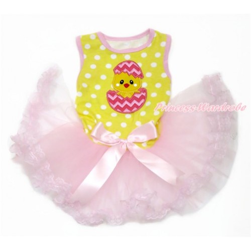Easter Yellow White Dots Sleeveless Light Pink Lace Gauze Skirt With Chick Egg Print With Light Pink Bow Elegent Pet Dress DC130 