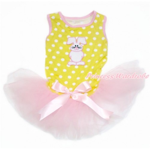 Easter Yellow White Dots Sleeveless Light Pink Gauze Skirt With Bunny Rabbit Print With Light Pink Bow Pet Dress DC135 