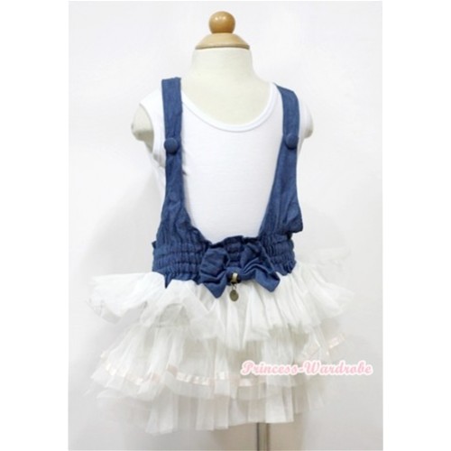 Plain Style White Tank Top With Denim White Multi-layer Party Dress PD037 