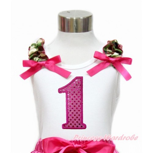 White Tank Top With Camouflage Ruffles & Hot Pink Bow With 1st Sparkle Hot Pink Birthday Number Print TB760 