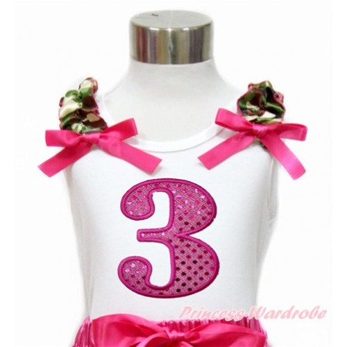 White Tank Top With Camouflage Ruffles & Hot Pink Bow With 3rd Sparkle Hot Pink Birthday Number Print TB762 