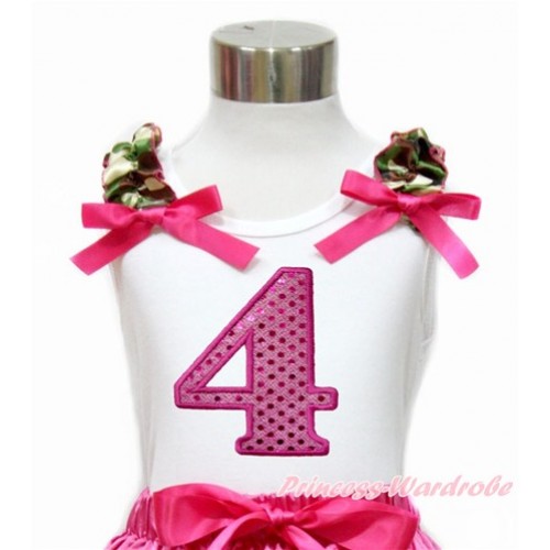 White Tank Top With Camouflage Ruffles & Hot Pink Bow With 4th Sparkle Hot Pink Birthday Number Print TB763 