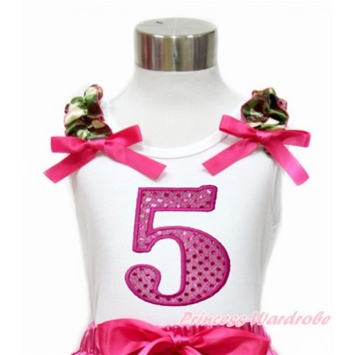 White Tank Top With Camouflage Ruffles & Hot Pink Bow With 5th Sparkle Hot Pink Birthday Number Print TB764 