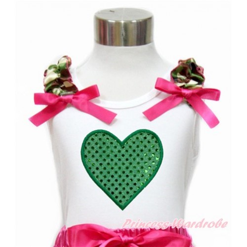 White Tank Top With Camouflage Ruffles & Hot Pink Bow With Sparkle Kelly Green Heart Print TB766 