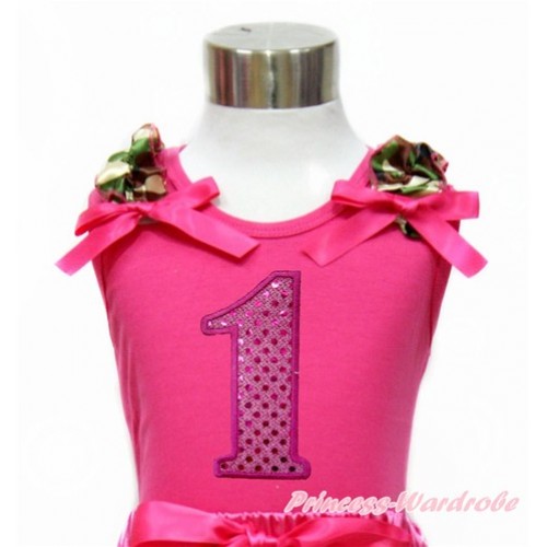 Hot Pink Tank Top with Camouflage Ruffles & Hot Pink Bow With 1st Sparkle Hot Pink Birthday Number Print TM261 