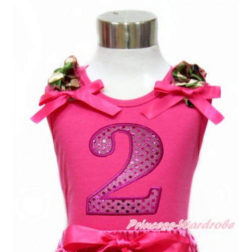 Hot Pink Tank Top with Camouflage Ruffles & Hot Pink Bow With 2nd Sparkle Hot Pink Birthday Number Print TM262 