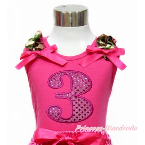 Hot Pink Tank Top with Camouflage Ruffles & Hot Pink Bow With 3rd Sparkle Hot Pink Birthday Number Print TM263 
