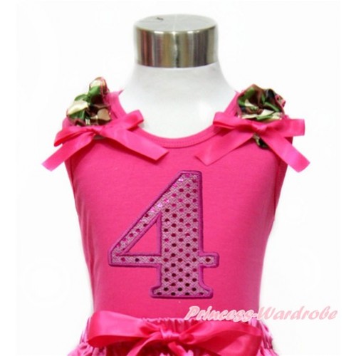 Hot Pink Tank Top with Camouflage Ruffles & Hot Pink Bow With 4th Sparkle Hot Pink Birthday Number Print TM264 