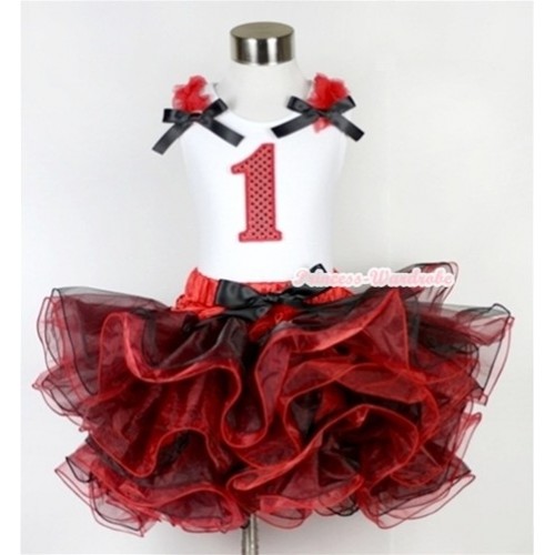 White Tank Top with 1st Sparkle Red Birthday Number Print with Red Ruffles & Black Bow & Black Bow Red Black 8 Layers Pettiskirt MG575 