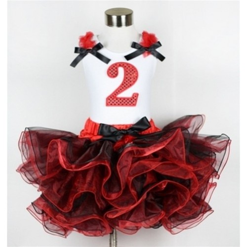 White Tank Top with 2nd Sparkle Red Birthday Number Print with Red Ruffles & Black Bow & Black Bow Red Black 8 Layers Pettiskirt MG576 