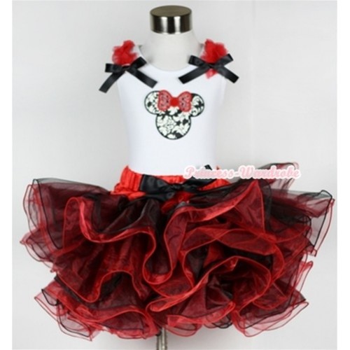 White Tank Top with Sparkle Red Damask Minnie Print with Red Ruffles & Black Bow & Black Bow Red Black 8 Layers Pettiskirt MG581 