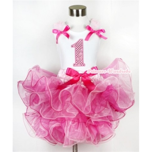 White Tank Top with 1st Sparkle Light Pink Birthday Number Print with Light Pink Ruffles & Hot Pink Bow & Hot Pink Bow Hot Light Pink 8 Layers Pettiskirt MG582 