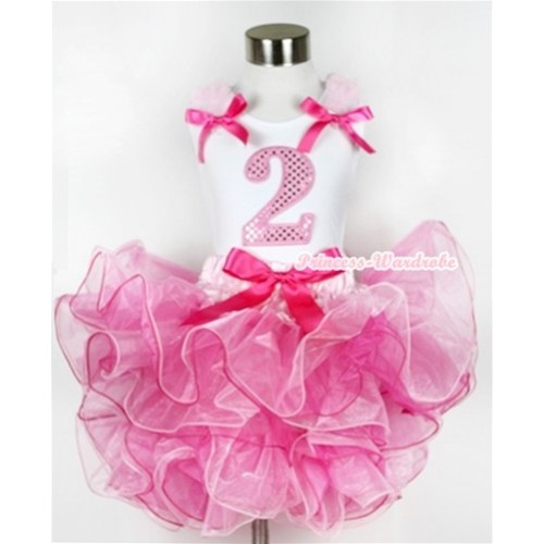 White Tank Top with 2nd Sparkle Light Pink Birthday Number Print with Light Pink Ruffles & Hot Pink Bow & Hot Pink Bow Hot Light Pink 8 Layers Pettiskirt MG583 