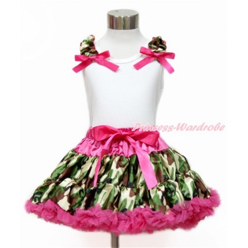 White Tank Top & Camouflage Ruffles & Hot Pink Ribbon with Hot Pink Camouflage Pettiskirt MG1159 